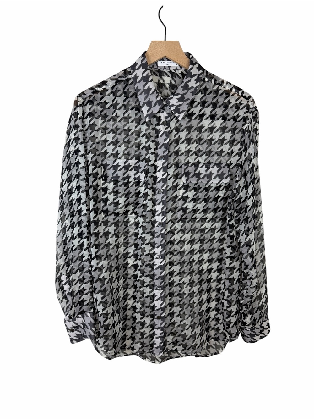 EQUIPMENT Long Sleeve Sheer Houndstooth Pocket Front Blouse